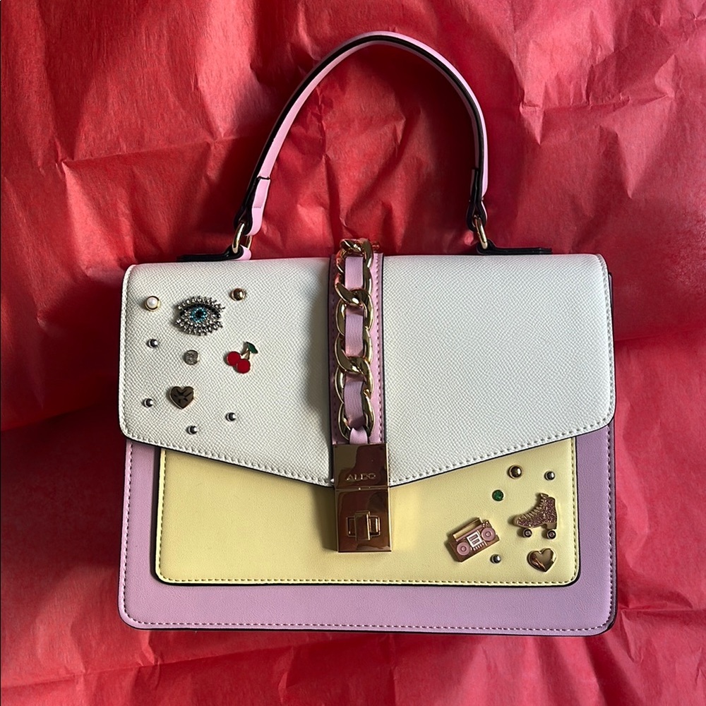 Aldo White, Yellow, and Pink Embellished Satchel